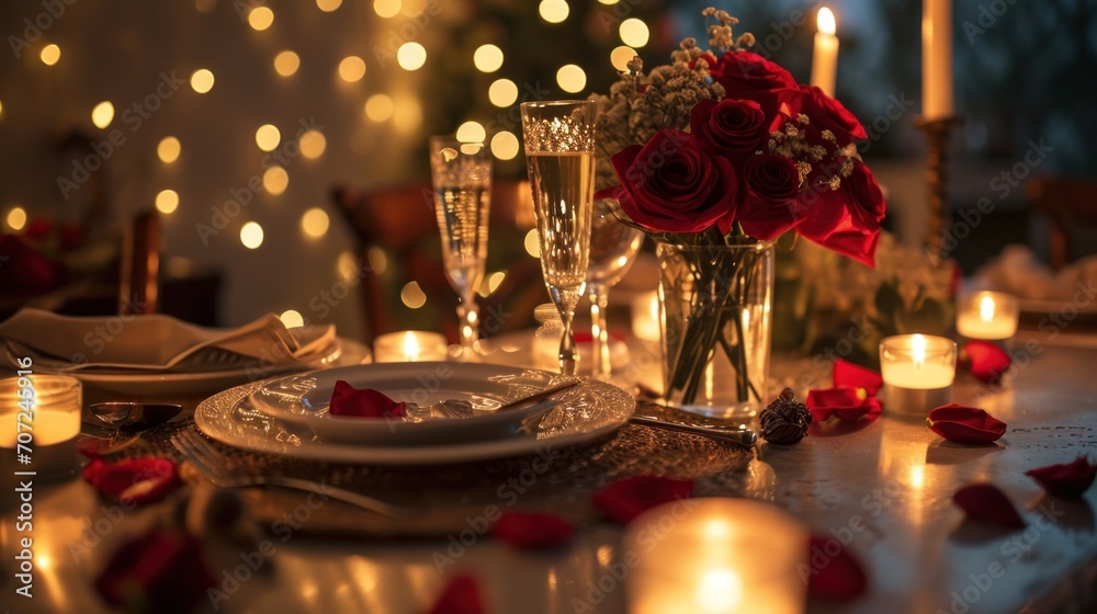 Set the mood with a beautifully arranged candlelit dinner scene featuring an elegant table setting. Set the mood with a beautifully arranged candlelit dinner scene featuring an elegant table setting.