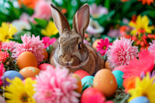 Brown Easter bunny sitting between many colorful Easter eggs and flowers