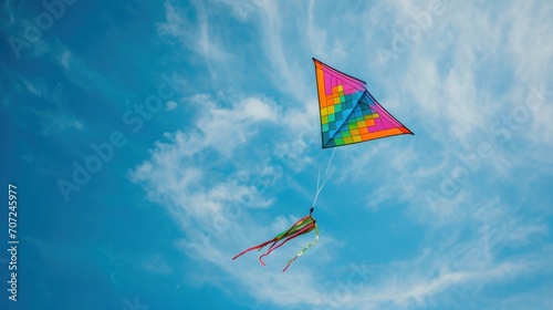Experience the exhilaration of springtime by soaring high with a colorful kite against a clear blue sky.