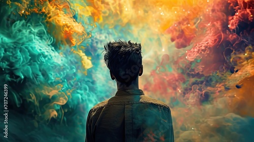 Young man with colorful smoke in his face. Colorful background