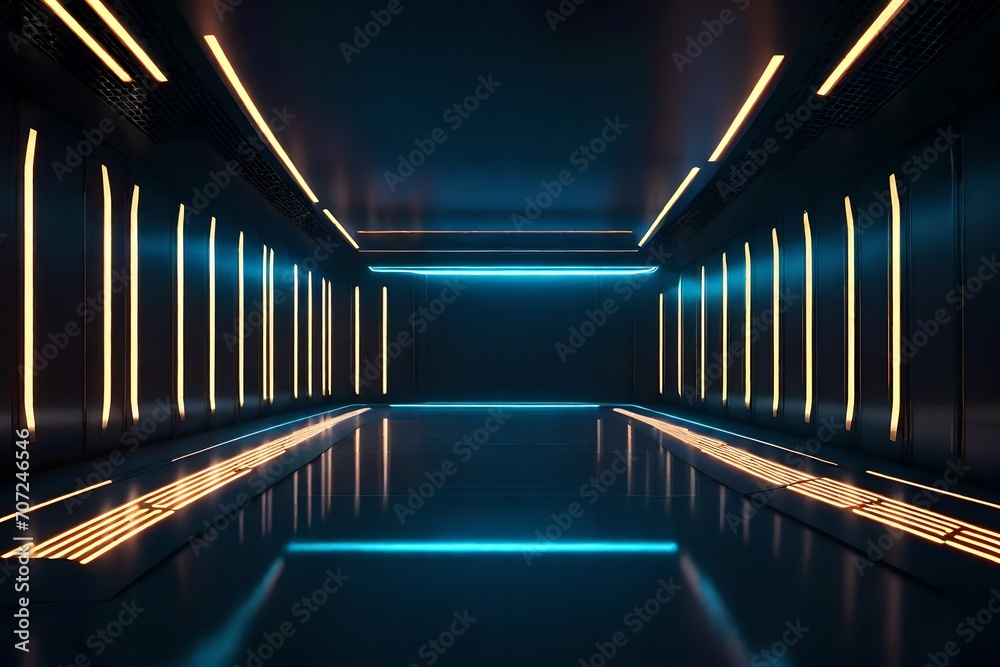 Sci-Fi neon glowing lamps illuminating a dark tunnel, with reflections on the floor and walls creating a mesmerizing visual effect.