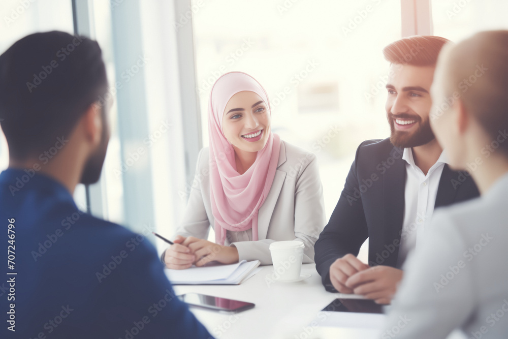 A diverse team of individuals in a work meeting, demonstrating an optimistic attitude, inclusion, and multiculturalism in their work environment. A diverse team of individuals in a work meeting, demonstrating an optimistic attitude, inclusion, and multiculturalism in their work environment.