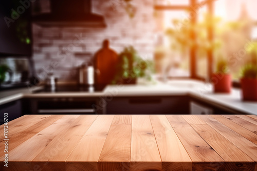 Empty wooden table in front kitchen background, product display