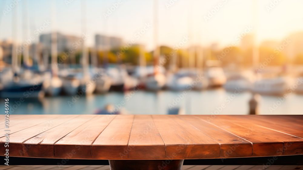 Empty wooden table in front blur yacht club background, product display - obrazy, fototapety, plakaty 