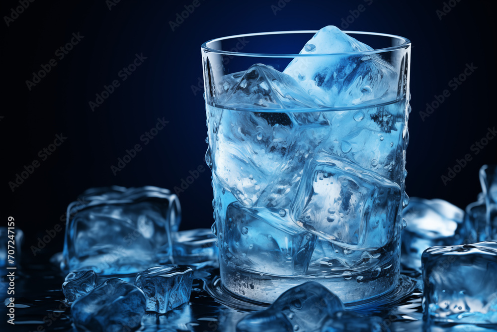 Refreshing glass of water with ice cubes against a dark backdrop. Glistening ice contrasts with the elegant darkness. Ideal for ads promoting hydration, premium beverages, or branding. Refreshing glass of water with ice cubes against a dark backdrop. Glistening ice contrasts with the elegant darkness. Ideal for ads promoting hydration, premium beverages, or branding.