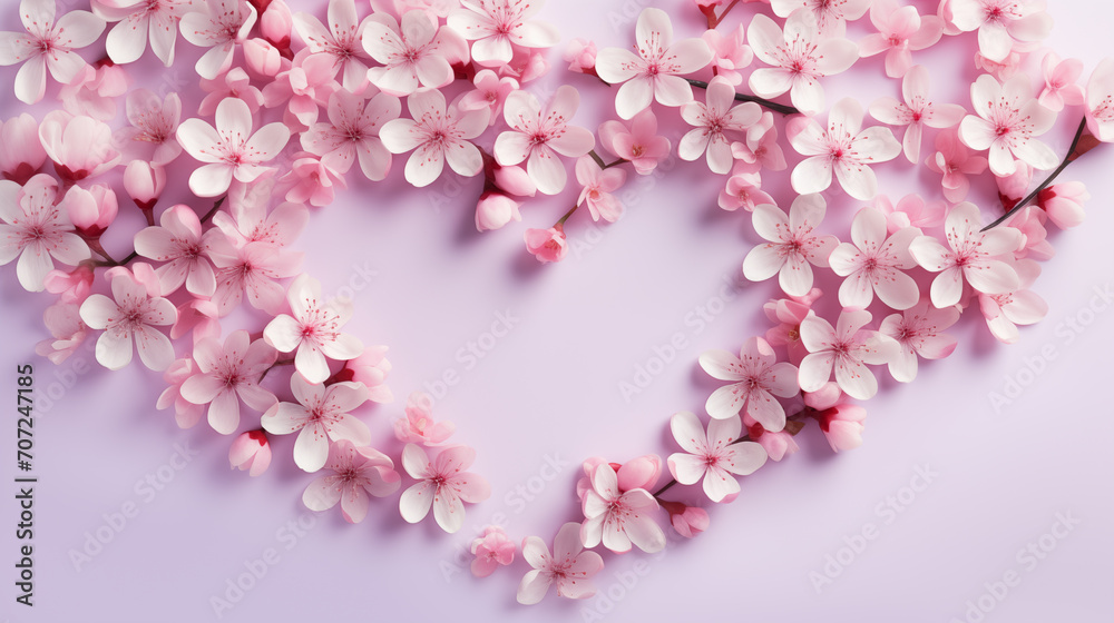 The image displays cherry blossoms arranged in a heart shape on a soft purple background.