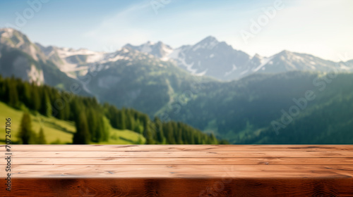 Product display Empty wooden table in front blur alpine meadows background