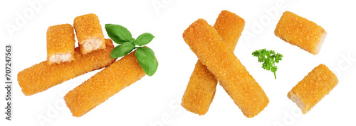 Fish finger or stick with parsley isolated on white background. Top view. Flat lay. photo