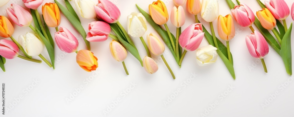 Spring tulip flowers on ivory background top view in flat lay style