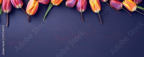 Spring tulip flowers on indigo background top view in flat lay style 