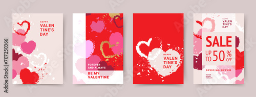 Valentine's Day vector templates for poster, greeting card, cover, label, promotion, invitation, flyer, banner, social media. Trendy abstract background with textured pink and red hearts