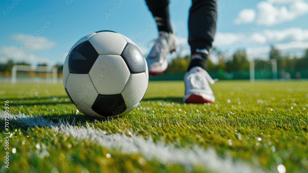 Fototapeta premium The legs of a football player kick the ball on an open playing field, against the backdrop of the sky and green lawn