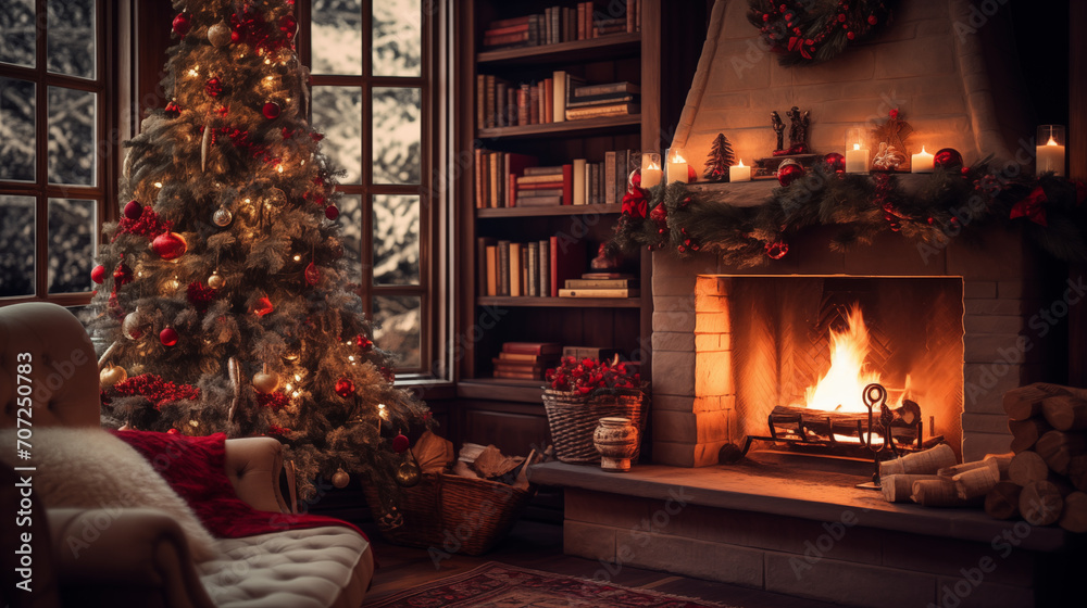 Cozy Christmas Hearth in Vintage Home with Festive Decor