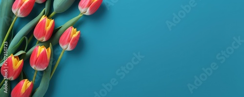Spring tulip flowers on peacock blue background top view in flat lay style  #707250723