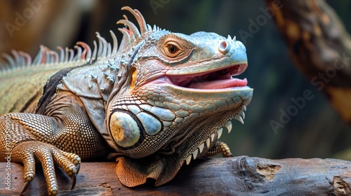 Portrait of an Iguana on a Log in Natural Habitat