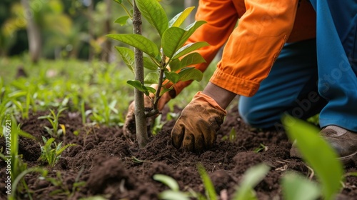 Gardener Planting Young Tree in Soil
