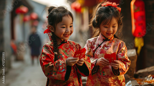 Children dressed in traditional Chinese attire, engaging in the age-old custom of receiving red envelopes with excitement. photo