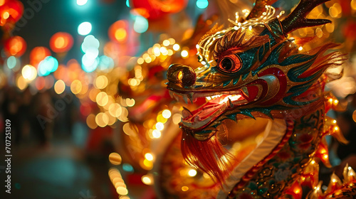 A close-up of a grand Chinese New Year parade float, featuring dazzling lights, traditional symbols, and performers in elaborate costumes.
