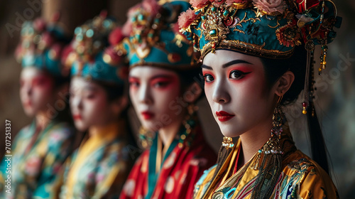 A mesmerizing display of traditional Chinese opera performers showcasing their vibrant costumes and captivating expressions. photo