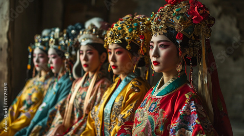 A mesmerizing display of traditional Chinese opera performers showcasing their vibrant costumes and captivating expressions.