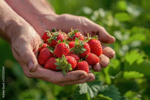 Farmer's Hands Full of Bright Red Fresh Strawberries