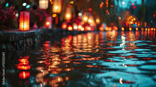 A colorful array of lanterns floating on a river, casting reflections on the water and creating a magical ambiance.