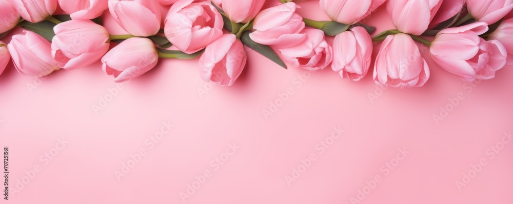 Spring tulip flowers on rose background top view in flat lay style 