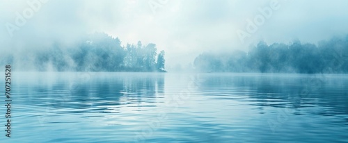 Misty Lake Landscape with Island and Forest in Morning Light