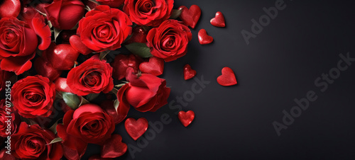Roses, petals and hearts on a dark background with copy space © spyrakot