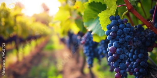 Sunlit Vineyard Rows with Lush Blue Grape Clusters