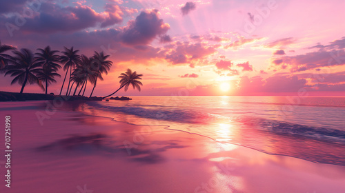 Serene Pink Beach Sunset with Tranquil Sea, Palm Trees and Golden Sky