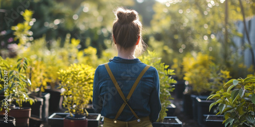 Young Woman Contemplating Plants at a Nursery During Golden Hour photo