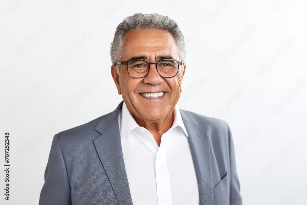 Portrait of happy senior businessman in eyeglasses smiling at camera while standing against white background