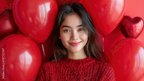 Happy woman standing in front of red heart balloons. valentine's day 2024