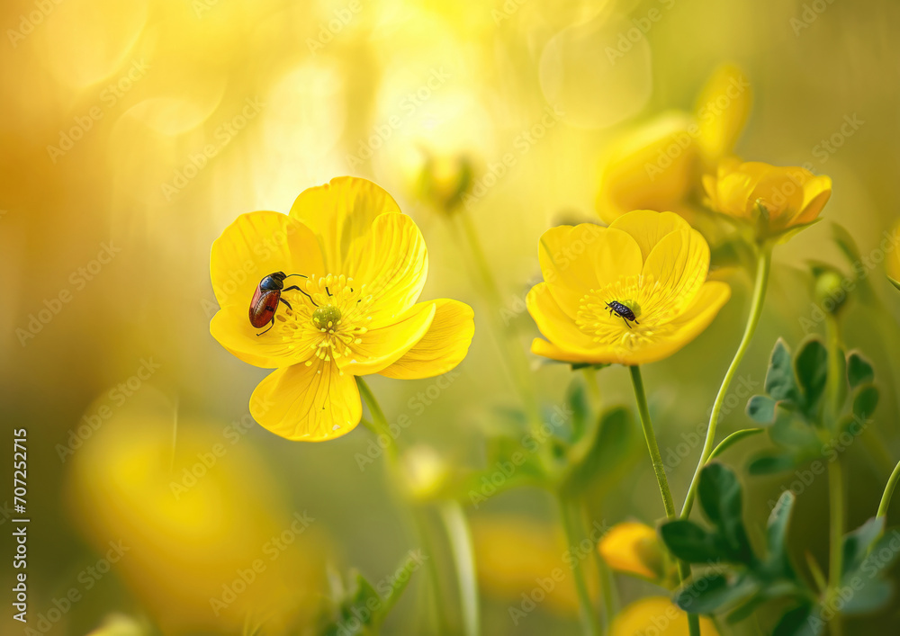 Close up of wildflowers sunlight bokeh effect vibrant meadow natural background Close up of wildflowers sunlight bokeh effect vibrant meadow natural background