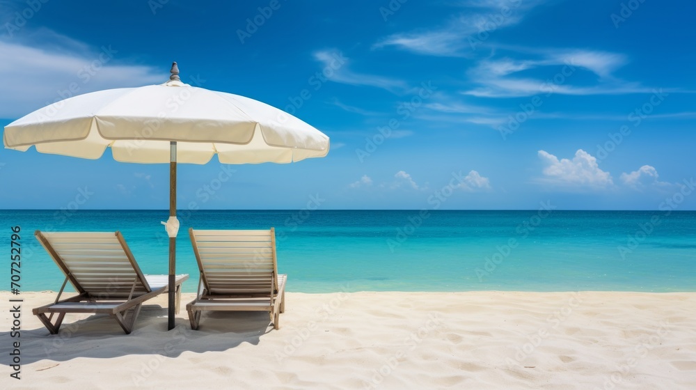 Beautiful Maldives beach. Chairs and sun umbrella on the sandy beach near the sea. Summer holiday and vacation concept for tourism.