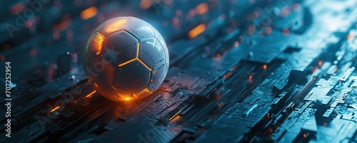 Futuristic soccer ball illuminated by dynamic lights on a technological field