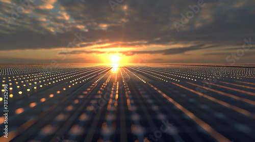 Uma extensa matriz de painéis solares capturando a luz solar simbolizando o aproveitamento da energia solar para geração de energia renovável