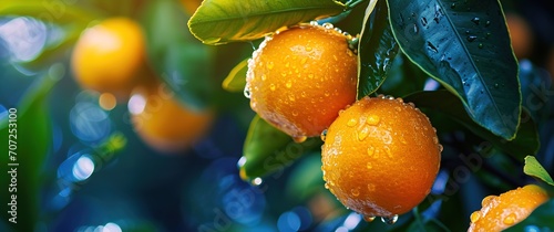 Sun-kissed oranges dripping with fresh rainwater hanging from a lush tree illuminated by soft light