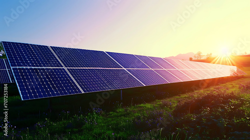 Uma extensa matriz de painéis solares capturando a luz solar simbolizando o aproveitamento da energia solar para geração de energia renovável