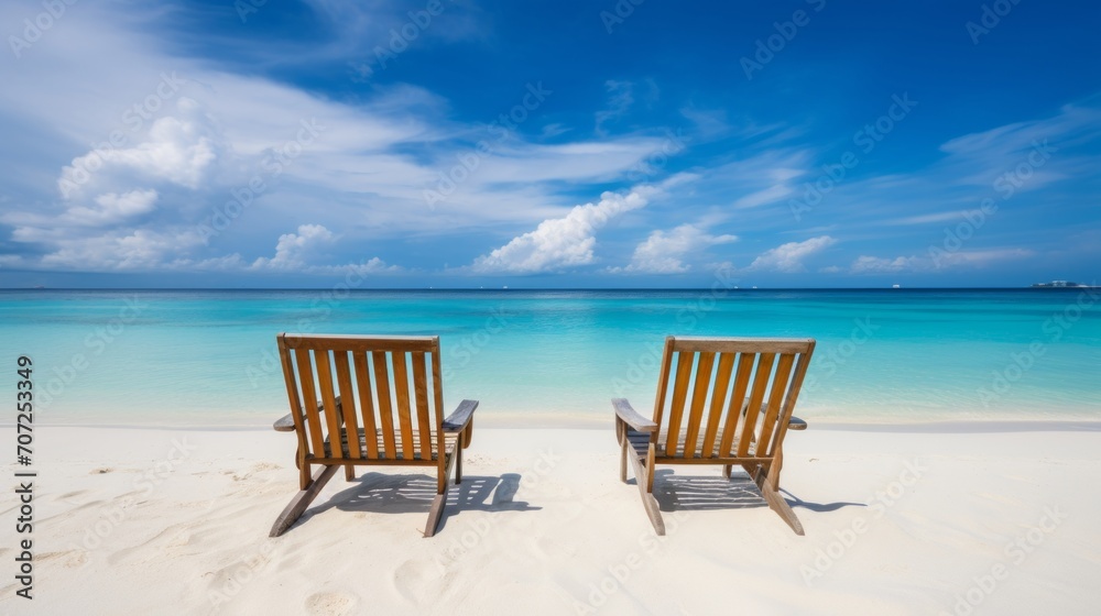 Chairs on the sandy beach near the sea. Summer holiday and vacation concept for tourism.