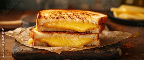 Deliciously melting cheese in a perfectly grilled sandwich, captured in great detail