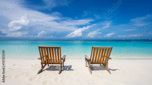 Chairs on the sandy beach near the sea. Summer holiday and vacation concept for tourism. © okfoto