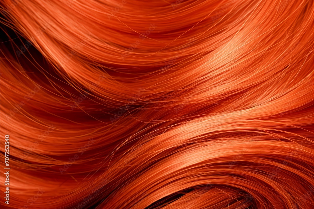 Close-up image capturing the vibrant and dynamic texture of red hair in a flowing, wave-like pattern. The rich, fiery color palette highlights the individual strands and their silky smoothness Close-up image capturing the vibrant and dynamic texture of red hair in a flowing, wave-like pattern. The rich, fiery color palette highlights the individual strands and their silky smoothness