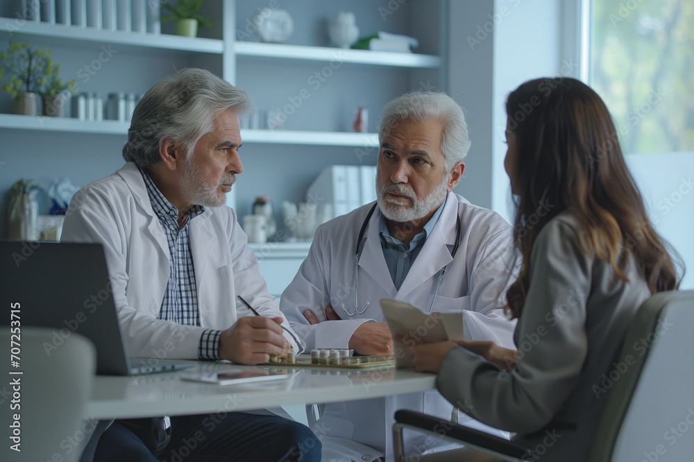 Experienced physicians consulting a female patient Experienced physicians consulting a female patient