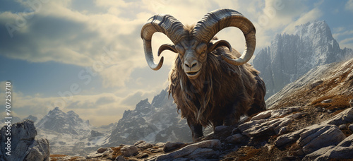 A bull with horns spiraled like ancient symbols  its hooves barely touching the ground  levitates above a mountaintop  its form radiating mystical energy