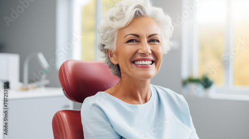 Mujer mayor en la consulta del dentista sonriendo photo