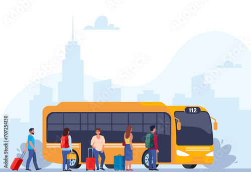 People on auto station. Man, woman standing near transport, waiting for passenger boarding. Citizen, urban infrastructure concept. Vector illustration.