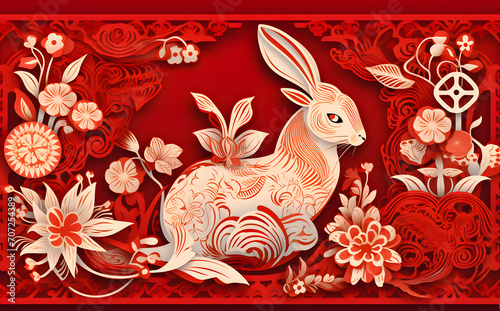 3d white rabbit sitting in front of a red background at chinese new year decoration