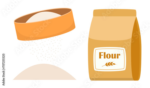 Flour sifter, package of, bowl set. Baking Ingredients. Healthy organic food. Cartoon vector. Dough cooking. Organic product illustration. Kitchen utensils.